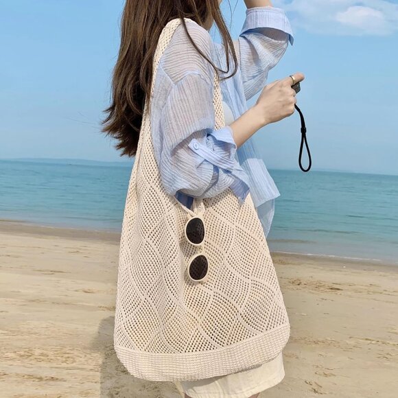 Women's Beige 4 Crochet Bag Cute Mesh Summer Knitted Shoulder Beach Tote Bag - Picture 7 of 7